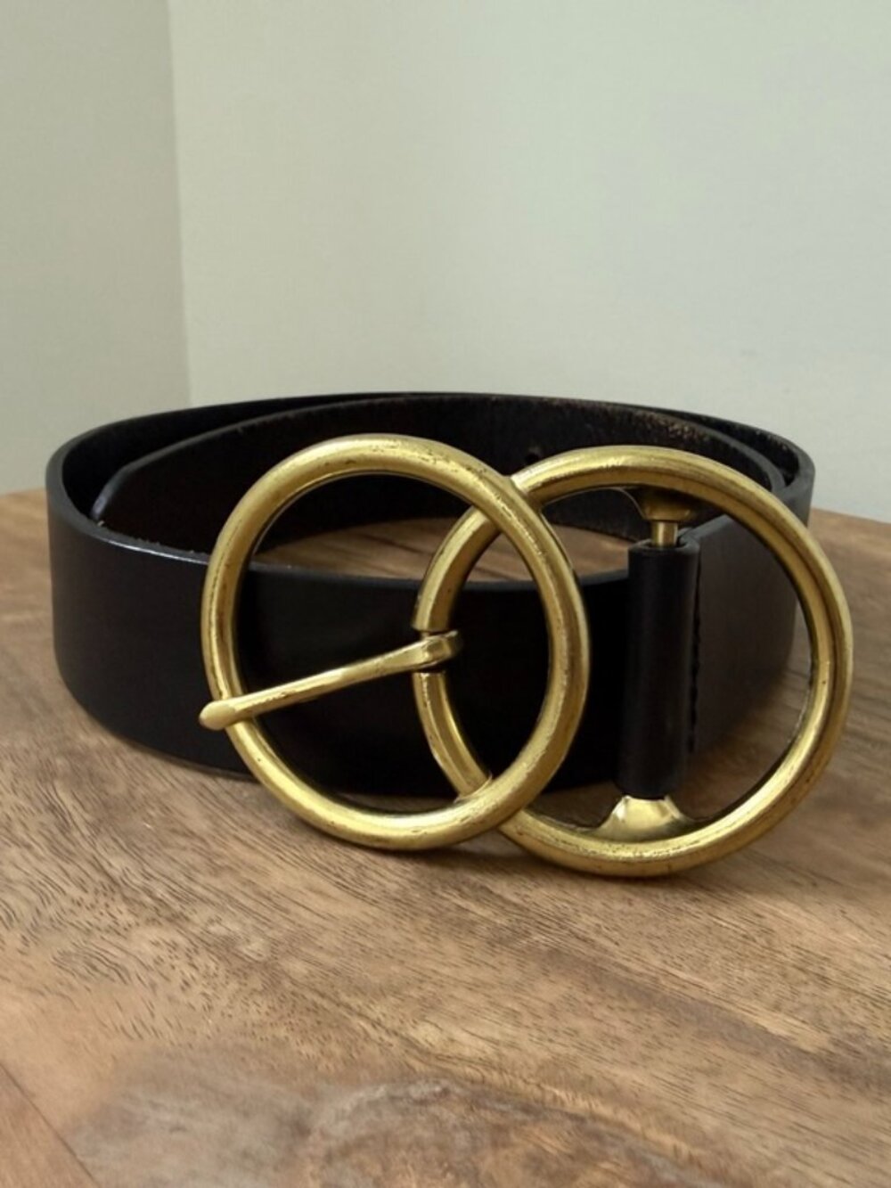 DOUBLE O-RING Belt Gold Interlocking Circle Black Genuine Leather S